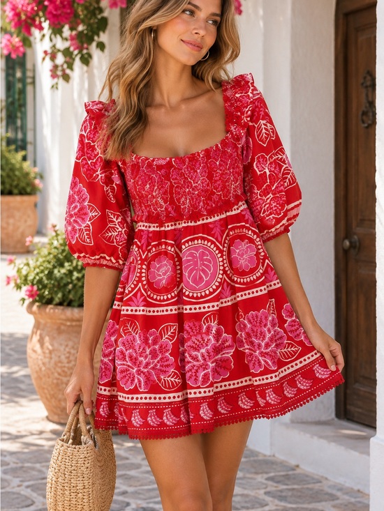 FARM Rio Dresses & Skirts - FARM Rio Red Floral Smocked Square-Neck Mini Dress